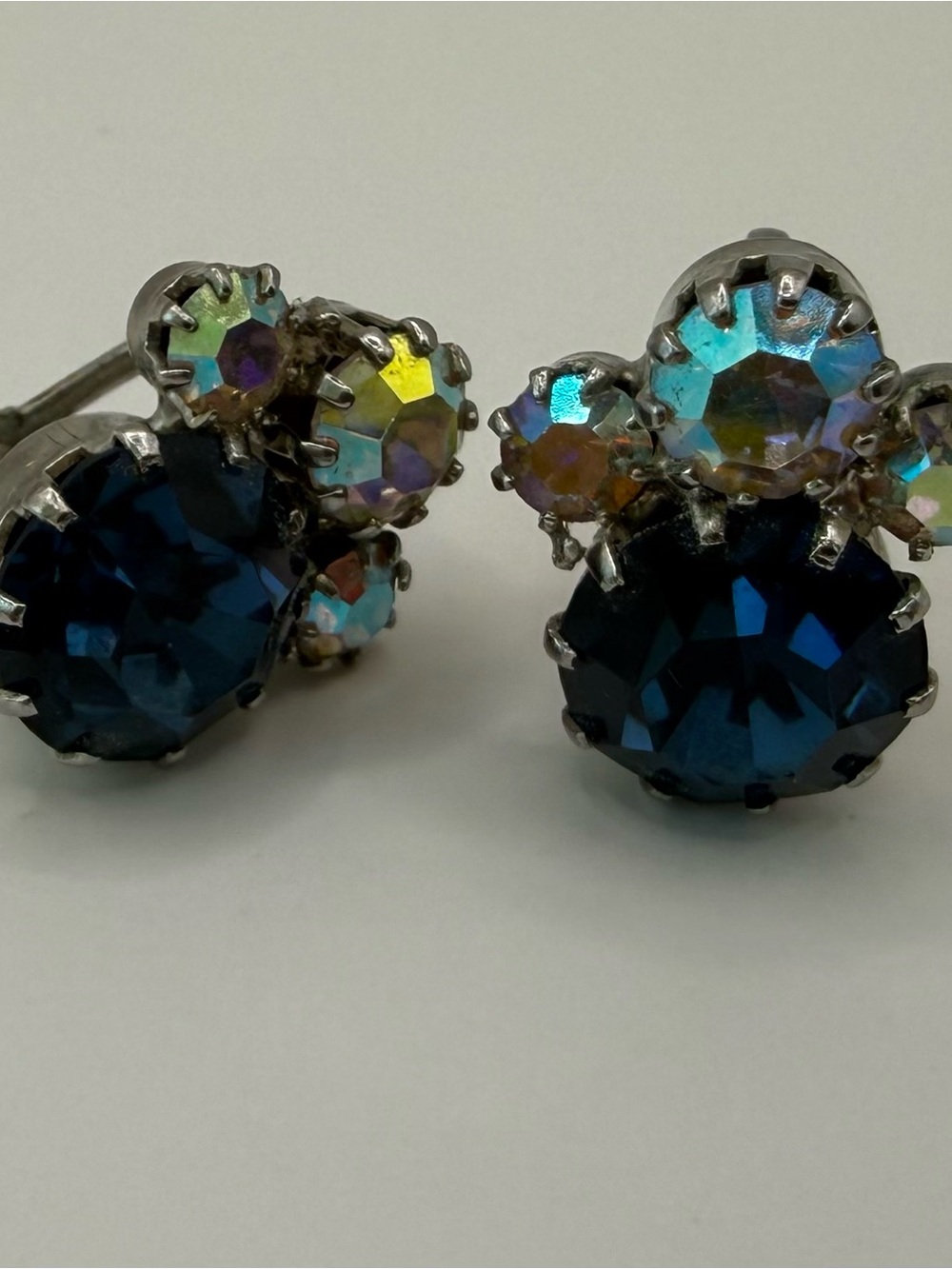Vintage Blue and Aurora Borealis Crystal Cluster Stud Earrings
